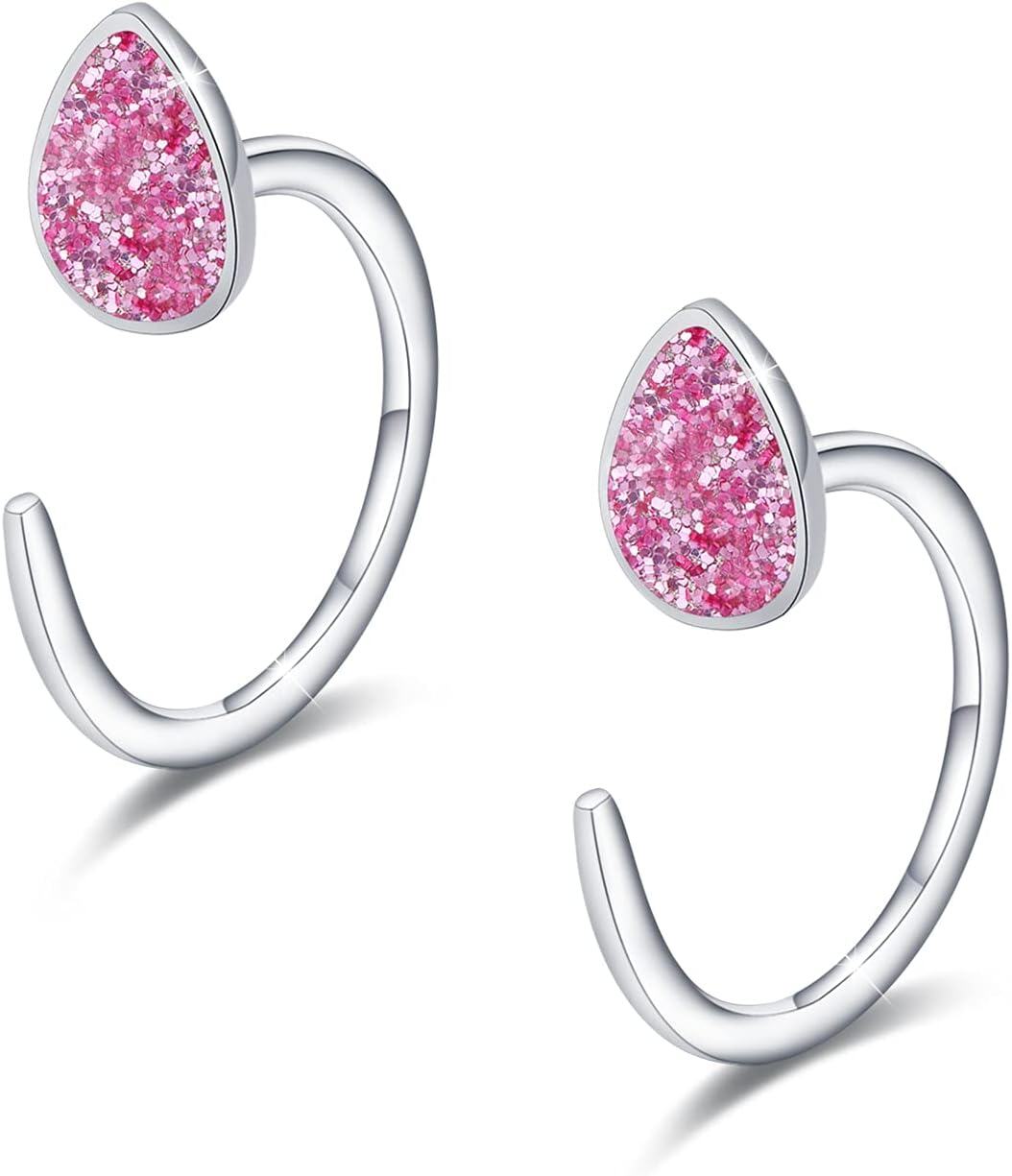 925 Sterling Silver Pink Druzy Teardrop Huggie Ear Cuffs Minimalist Studs for Women Girls Gift Set of 4 Pairs-0-0