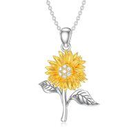 wholesale 925 Sterling Silver Yellow Gold Plated Turquoise Cubic Zirconia Sunflower Pendant Necklace for Women Western s-02-White-Diamond