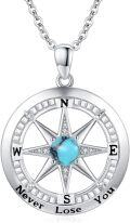 wholesale 925 Sterling Silver Turquoise Compass Pendant Necklace with Cubic Zirconia and Inspirational Message Never Lose Your Way - Graduation Gift for Her Him-0-0