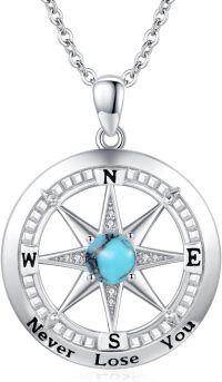 wholesale 925 Sterling Silver Turquoise Compass Pendant Necklace with Cubic Zirconia and Inspirational Message Never Lose Your Way - Graduation Gift for Her Him-Turquoise