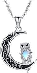 wholesale 925 Sterling Silver Owl on Crescent Moon Pendant Necklace with Blue Stone Accent-0-0