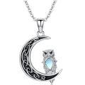 wholesale 925 Sterling Silver Owl on Crescent Moon Pendant Necklace with Blue Stone Accent-0-0
