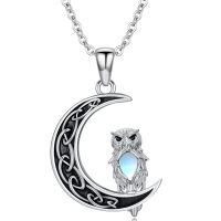 wholesale 925 Sterling Silver Owl on Crescent Moon Pendant Necklace with Blue Stone Accent-Owl