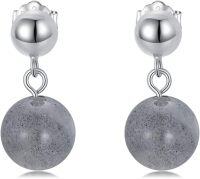 wholesale 925 Sterling Silver Grey Stone Round Ball Stud Dangle Drop Earrings for Women and Girls Birthdays Gift Ideas-Moonstone