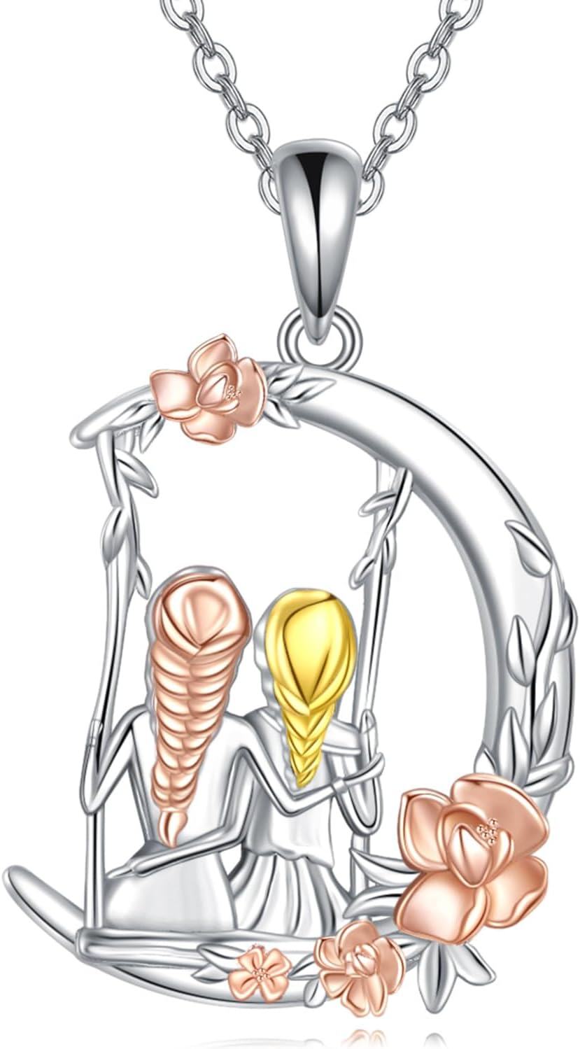 Sterling Silver Moonstone 2 Sisters Flower Swing Pendant Necklace-0-1