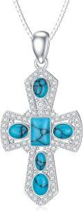 wholesale 925 Sterling Silver Natural Turquoise Cross Pendant Necklace with Cubic Zirconia Accents-0-0