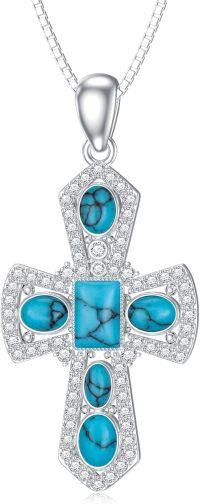 wholesale 925 Sterling Silver Natural Turquoise Cross Pendant Necklace with Cubic Zirconia Accents-Cross Neckalce-2