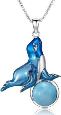 wholesale 925 Sterling Silver Blue Seal with Turquoise Stone Pendant Necklace-Seal