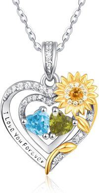 wholesale Sterling Silver 2 Birthstones Sunflower Heart Necklace for Women-03-08-Mar-Aug