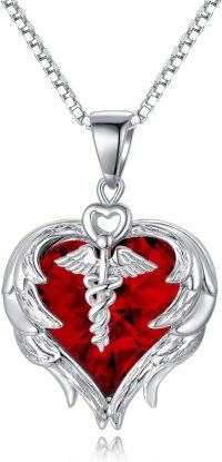 wholesale 925 Sterling Silver with Simulated Ruby Heart Crystal Nurse Necklace - Hypoallergenic Angel Inspired Jewelry Gift for Medical Professionals-Garnet Red