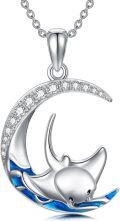 wholesale 925 Sterling Silver Moon & Stingray Pendant Necklace with Blue Enamel and Cubic Zirconia for Women's Ocean Jewelry-0-0