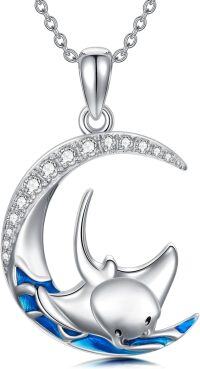 wholesale 925 Sterling Silver Moon & Stingray Pendant Necklace with Blue Enamel and Cubic Zirconia for Women's Ocean Jewelry-Moon