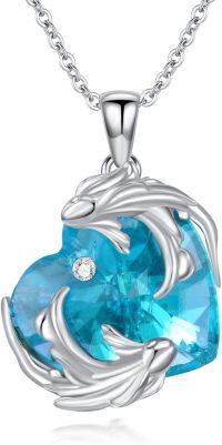 wholesale Sterling Silver Birthstone Zodiac Necklace 12 Constellation Heart Pendant-Pisces - Birthstone Aquamarine