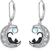 wholesale 925 Sterling Silver Moonstone Earrings with Tree of Life and Black Cat Design - Unique s for Women-Black Cat