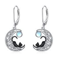 wholesale 925 Sterling Silver Moonstone Earrings with Tree of Life and Black Cat Design - Unique s for Women-Black Cat
