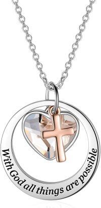 wholesale 925 Sterling Silver Rose Gold Plated Faith Hope Love Cross Pendant with Clear Crystals on Chain-With God All Things Are Possible