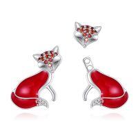 wholesale 925 Sterling Silver Red Enamel Fox Earrings With Red And Clear Stones-Fox