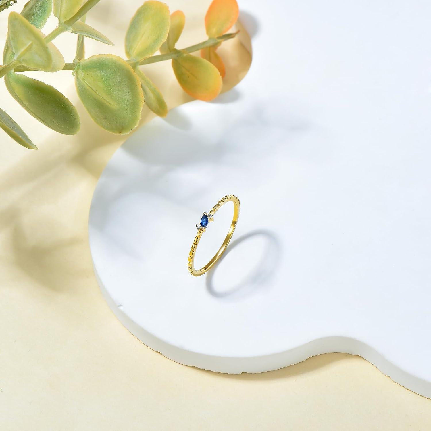 14K Yellow Gold Created Sapphire Marquise Cut Stacking Ring for Women-0-2