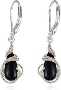 wholesale 925 Sterling Silver and Gold Accented Black Onyx Teardrop Leverback Earrings for Women & Girls-Black Onyx