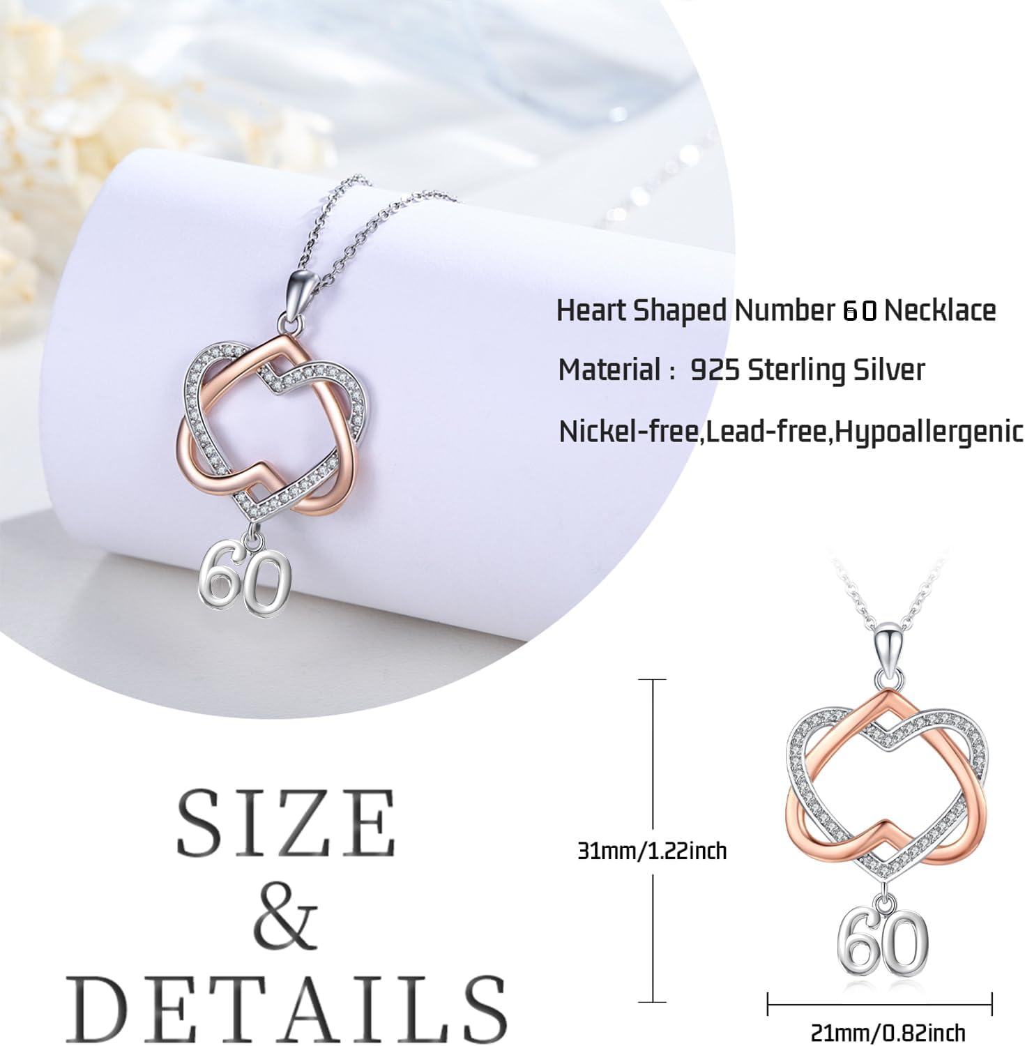 wholesale 925 Sterling Silver Double Heart with 60th Anniversary Charm Pendant Necklace s for Women and Girls-0-3