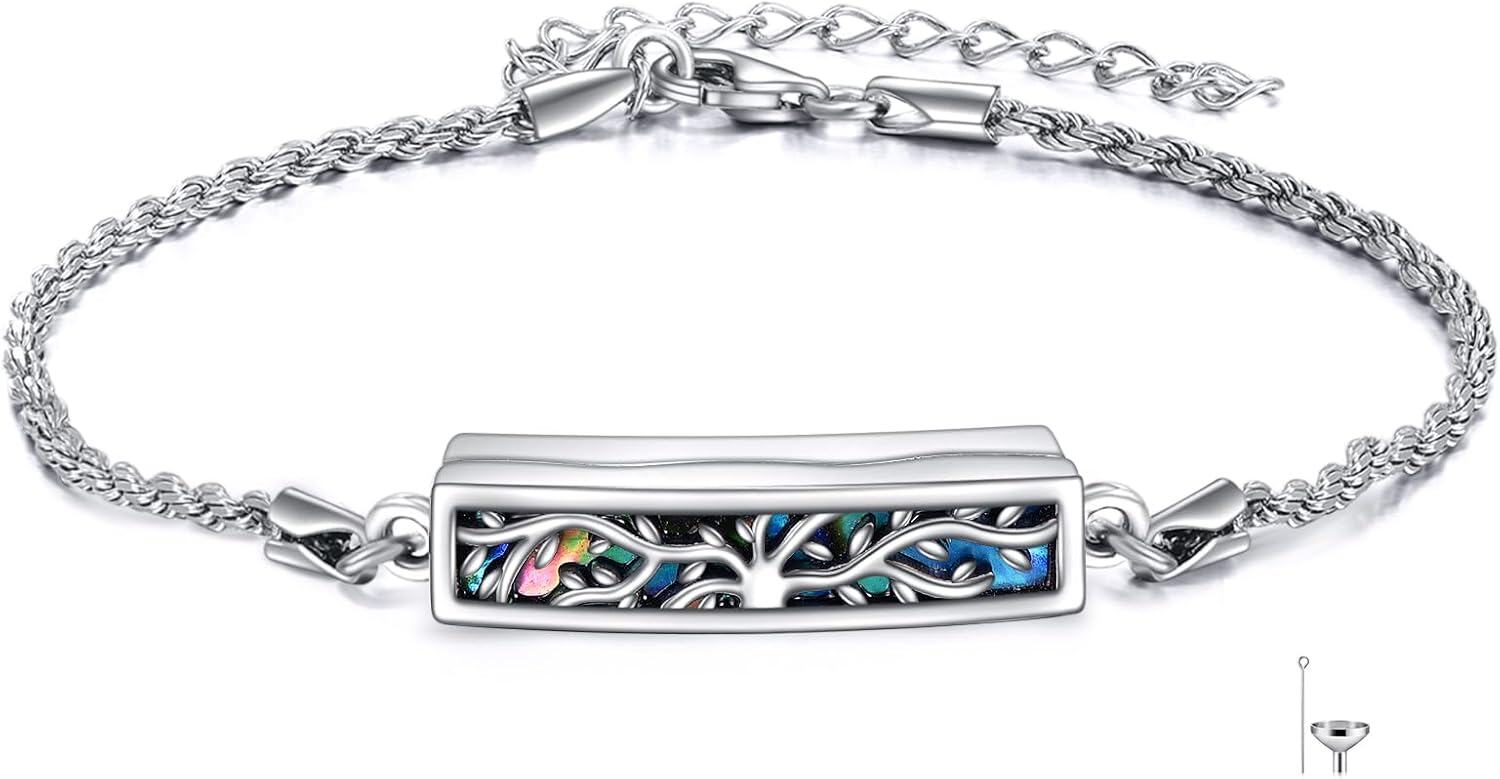 wholesale 925 Sterling Silver Tree of Life Abalone Shell Urn Keepsake Memorial Bracelet with Funnel and Fill Tool-0-0