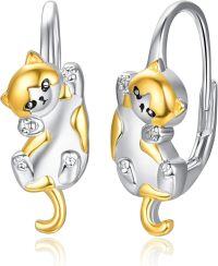 wholesale 925 Sterling Silver Animal Leverback Hoop Earrings Axolotl Cat Sloth Dog Fox Huggie Hypoallergenic Jewelry Gifts for Women Teens-Cat