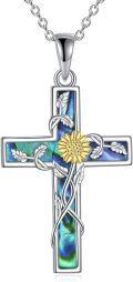 wholesale 925 Sterling Silver Sunflower Inlay Abalone Shell Cross Pendant Necklace for Women Girls Religious Christian s 46cm Chain Length-0-0
