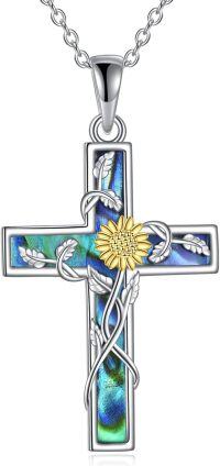 wholesale 925 Sterling Silver Sunflower Inlay Abalone Shell Cross Pendant Necklace for Women Girls Religious Christian s 46cm Chain Length-Sunflower