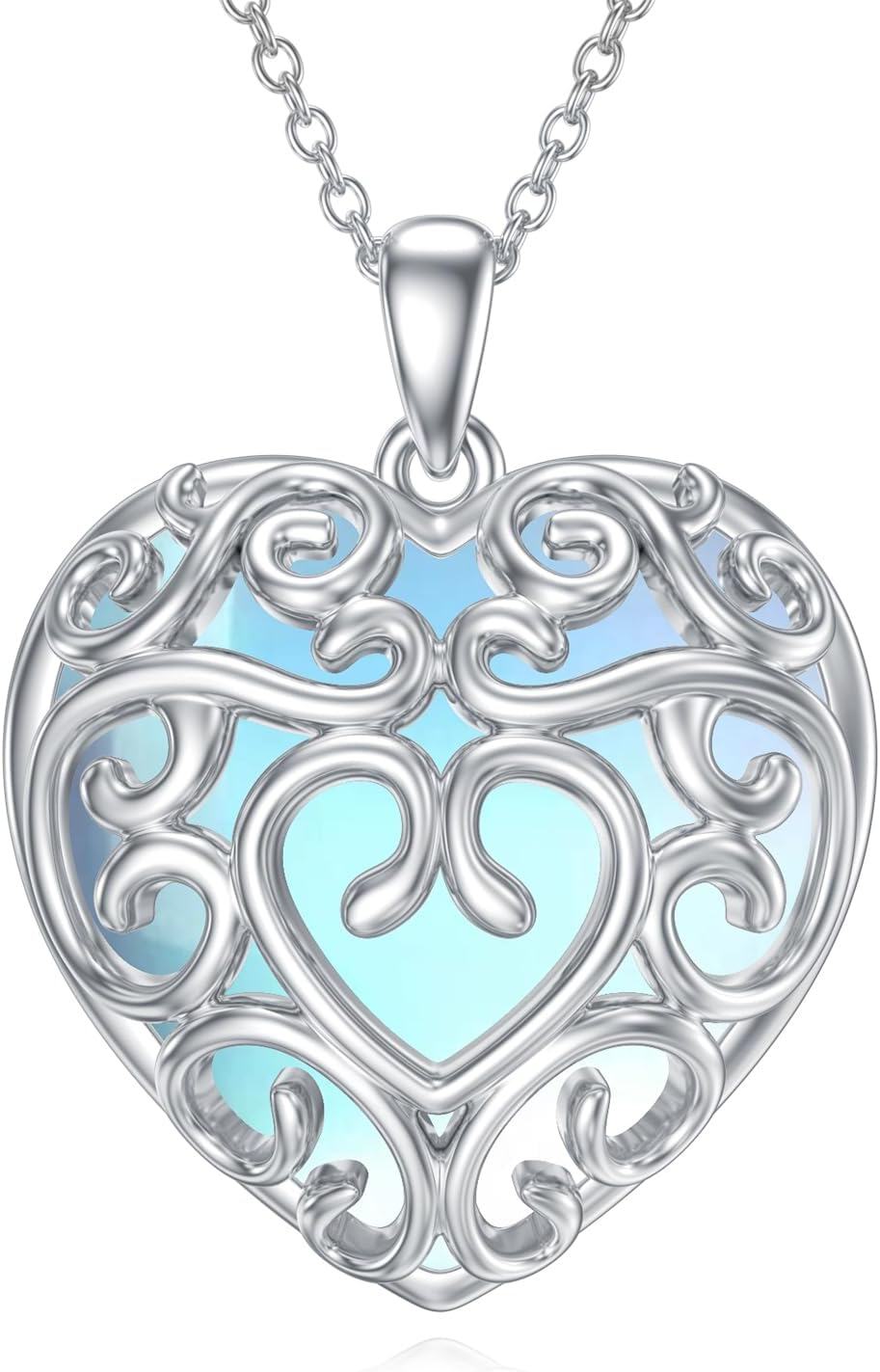 Sterling Silver Moonstone Lotus Filigree Pendant Necklace-Heart Moonstone