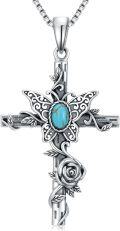 wholesale 925 Sterling Silver & Turquoise Cross Necklace with Butterfly Rose Vine Pendant - 18 Adjustable Chain-0-0