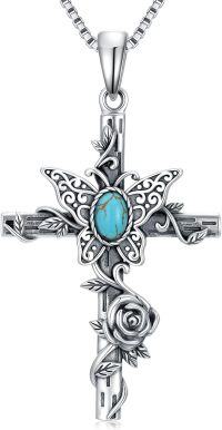 wholesale 925 Sterling Silver & Turquoise Cross Necklace with Butterfly Rose Vine Pendant - 18 Adjustable Chain-Butterfly