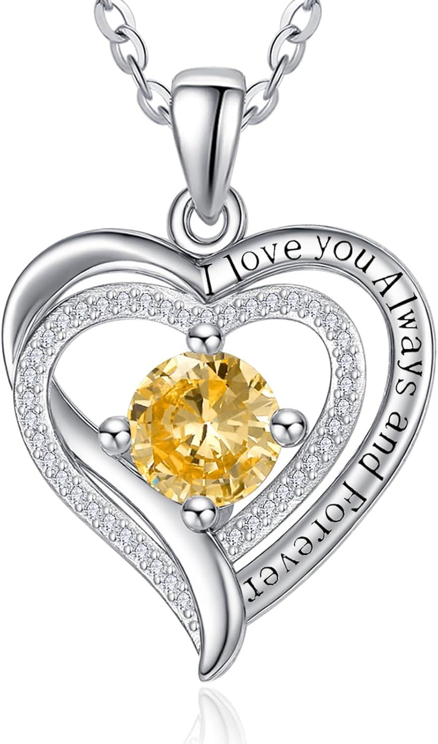 Sterling Silver White Gold Heart Pendant Necklace w Birthstone for Women-11-Nov