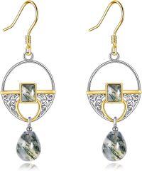 wholesale 925 Sterling Silver & Green Moss Agate Bohemian Drop Earrings for Women and Girls-Moss Agate Bobo Earrings
