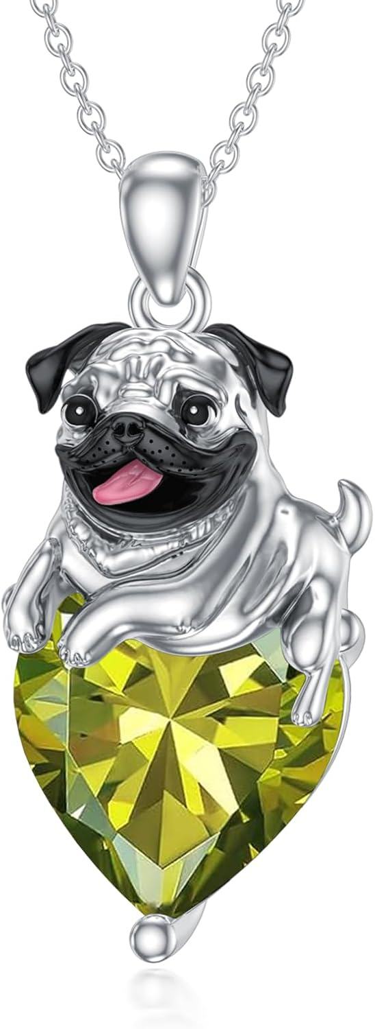 Sterling Silver Birthstone Pug Necklace for Women Dog Lovers-08-Aug-Peridot