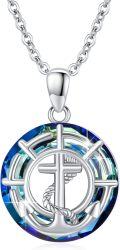 wholesale 925 Sterling Silver Blue Zircon Nautical Compass Pendant Necklace with World Map Design-0-1