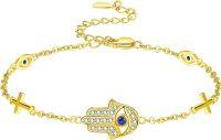 wholesale 925 Sterling Silver Metal Stone Evil Eye Cross Hamsa Hand Protection Bracelet-Gold Evil Eye