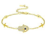 wholesale 925 Sterling Silver Hamsa Hand Bracelet With Blue Stones-Gold Evil Eye