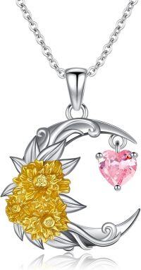 wholesale 925 Sterling Silver Birthstone Crescent Moon Floral Pendant Necklace-10-Oct-Marigold