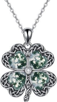 wholesale 925 Sterling Silver Green Moss Agate Four-Leaf Clover Pendant Necklace for Women-Moss Agate