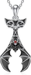 wholesale 925 Sterling Silver Black Enamel Gothic Bat Pendant Necklace with Red Crystal Gemstone for Women Girls Gifts (Bat)-0-0