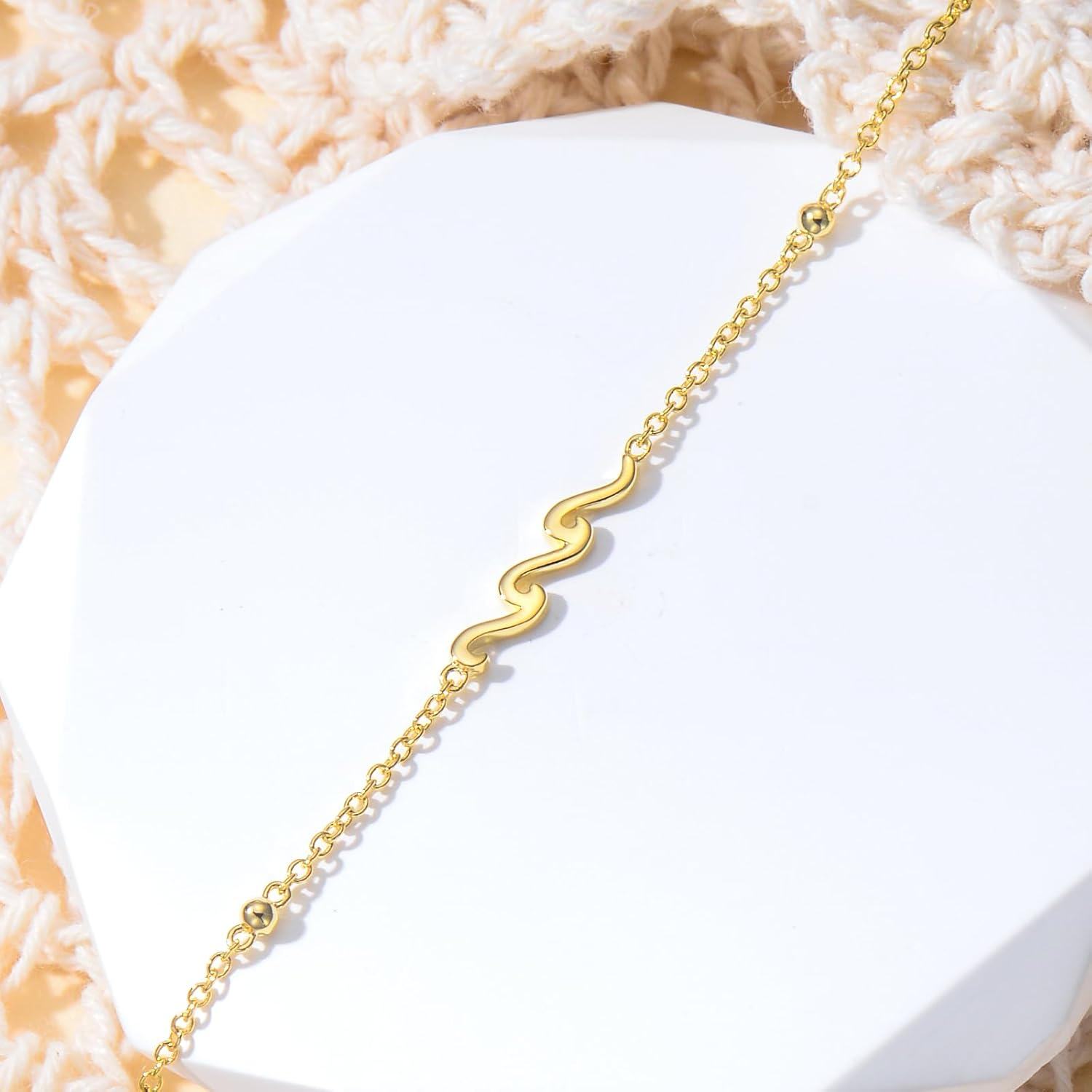14K Gold Solid 14K Gold Wave Bracelet Ocean Beach Jewelry Women Gifts-0-3