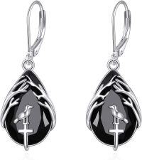 wholesale 925 Sterling Silver Black Tourmaline Bird Cross Teardrop Leverback Earrings-Raven