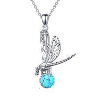 wholesale 925 Sterling Silver Green Moss Agate and Turquoise Dragonfly Pendant Necklace for Women-Turquoise