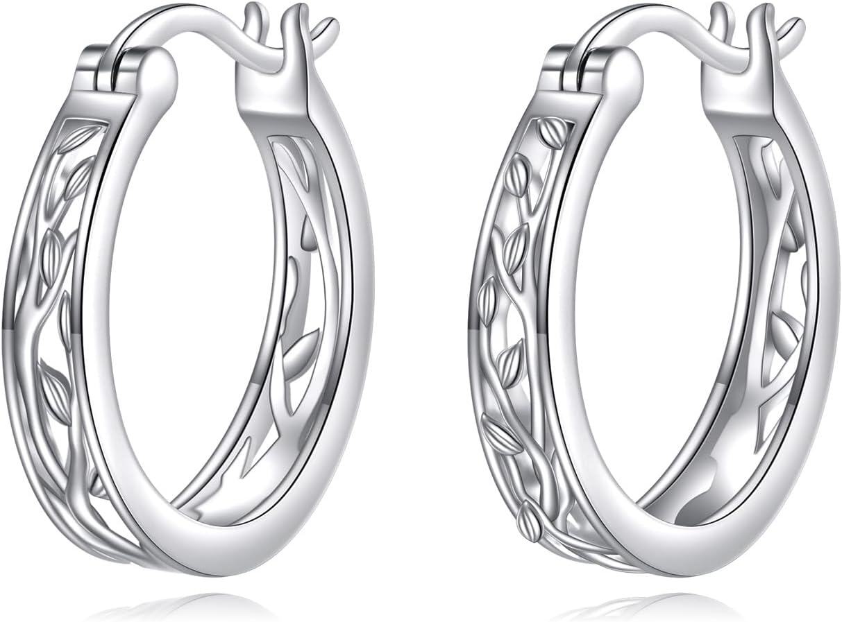 Sterling Silver Hypoallergenic Small Hoop Sun Leaf Triangle Huggie Earrings for Women-Tree of Life-Tree of Life