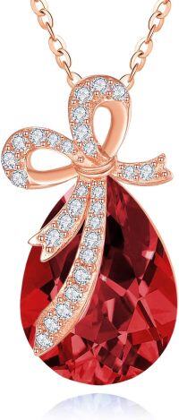 wholesale 925 Sterling Silver Crystal Bow Teardrop Birthstone Pendant Necklace-01-Jan-Garnet Red