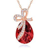 wholesale 925 Sterling Silver Red Crystal Bow Pendant Necklace-01-Jan-Garnet Red