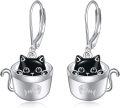 wholesale 925 Sterling Silver Black Cat in Bowl Drop Earrings with Butterfly Dragon Leverbacks-0-0