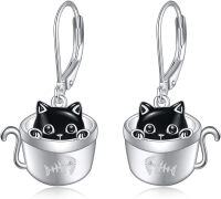 wholesale 925 Sterling Silver Black Cat in Bowl Drop Earrings with Butterfly Dragon Leverbacks-Cup Cat Leverback Earrings
