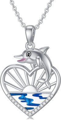 wholesale 925 Sterling Silver Dolphin Heart Pendant Necklace with Blue Enamel and CZs - Beach s for Women & Girls-Dolphin