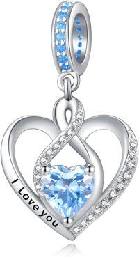 wholesale 925 Sterling Silver Heart Birthstone Charms for Bracelets Jewelry Gifts-Dangle - Mar - Aquamarine